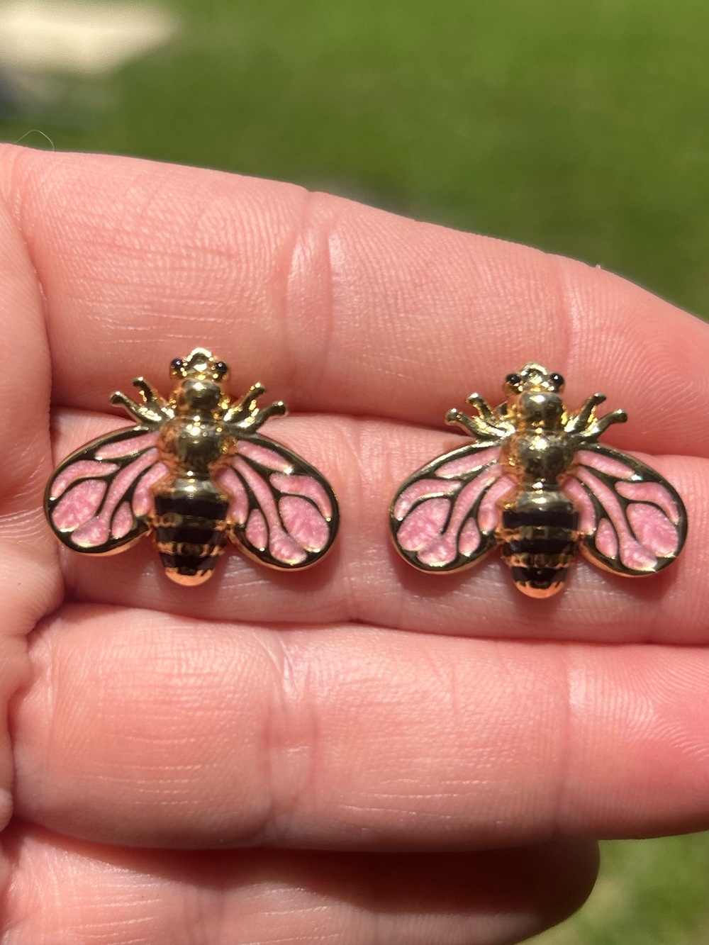 🐝 Gold Bee Pink & Black Earrings Enamel Painted Post Drop Hypoallergenic